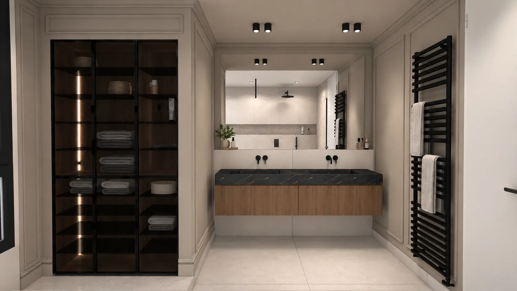 Vue des vasques et des rangements de la salle de bain